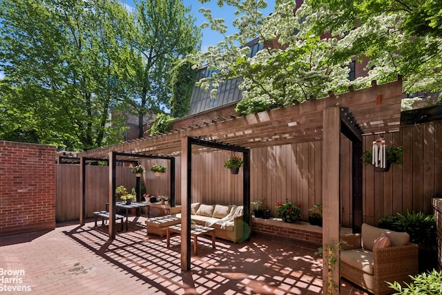 130 W 12th St Unit 1A, New York City, NY 10011 - fenced backyard with a pergola, outdoor lounge area, and a patio