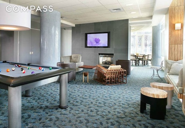 game room with carpet flooring, a drop ceiling, and billiards