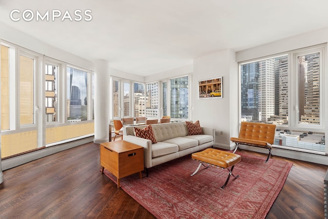 living room with baseboard heating, wood finished floors, and healthy amount of natural light