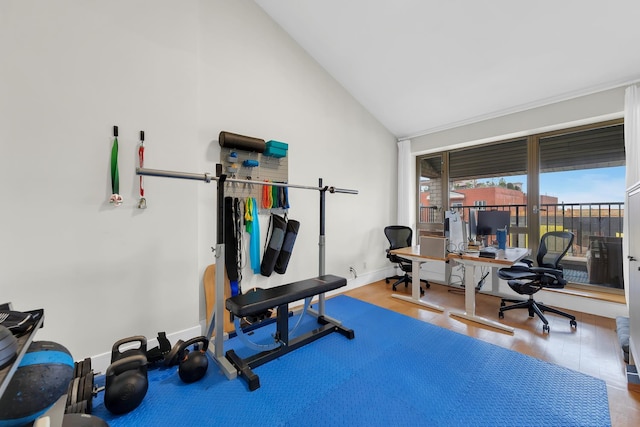 workout area with wood finished floors, baseboards, and high vaulted ceiling