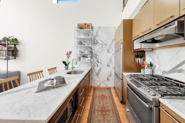 200 16th St Unit 4A, New York City, NY 11215 - kitchen featuring appliances with stainless steel finishes, a sink, under cabinet range hood, a peninsula, and tasteful backsplash