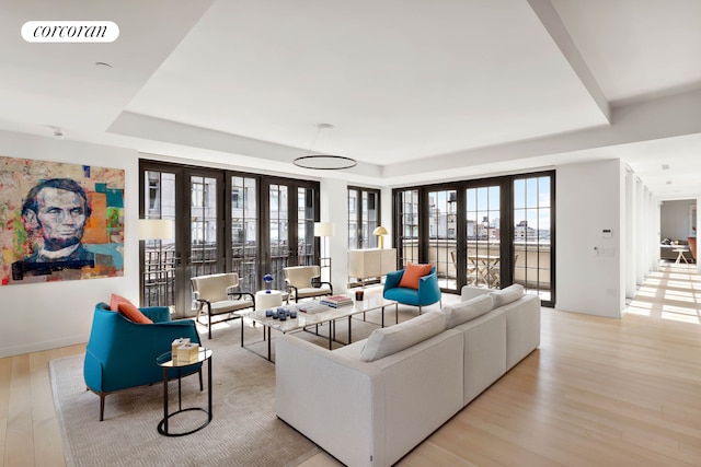 living area featuring a raised ceiling and light wood-style flooring