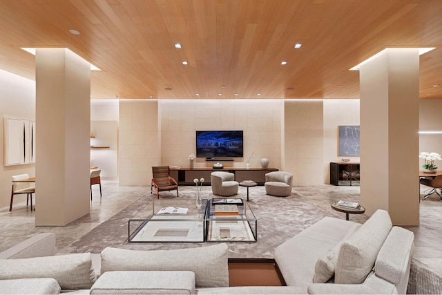 lobby with wooden ceiling and recessed lighting
