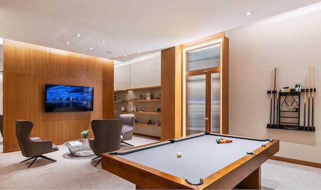 recreation room with light colored carpet, pool table, and recessed lighting