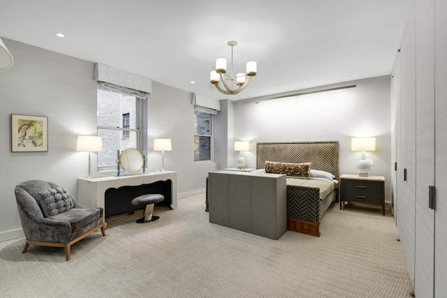475 Park Ave Unit 15A, New York City, NY 10022 - bedroom featuring a chandelier, light carpet, baseboards, and recessed lighting