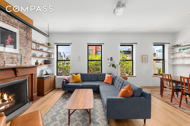 102 Clay St Unit 4, New York City, NY 11222 - living area with radiator, light wood-type flooring, and a fireplace