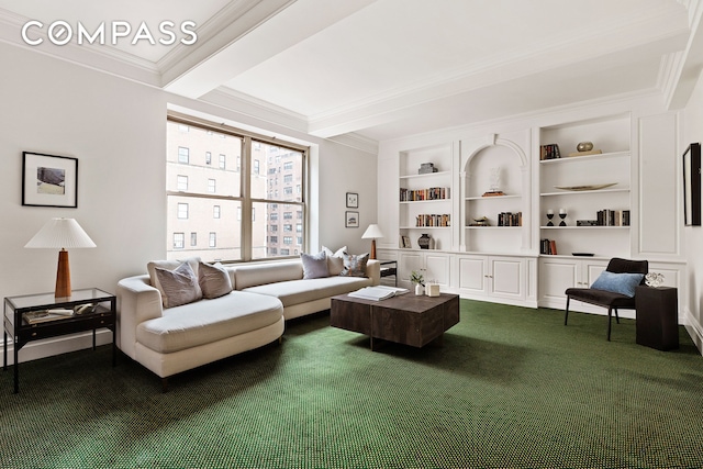 33 E 70th St Unit 9D, New York City, NY 10021 - living area with beam ceiling, crown molding, dark colored carpet, and built in shelves