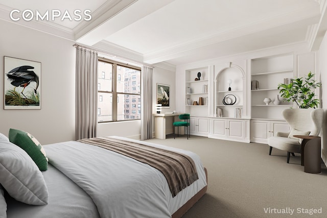 33 E 70th St Unit 9D, New York City, NY 10021 - bedroom with ornamental molding, carpet floors, and beam ceiling