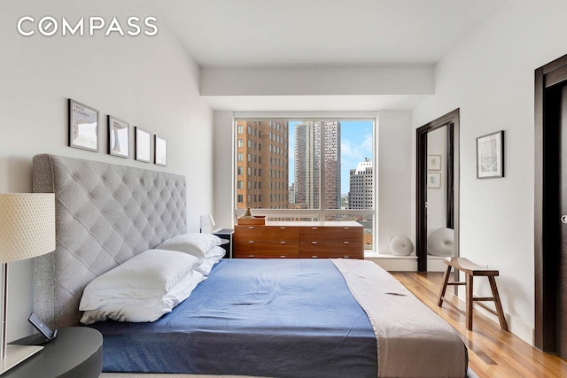 bedroom featuring wood finished floors, a view of city, and baseboards