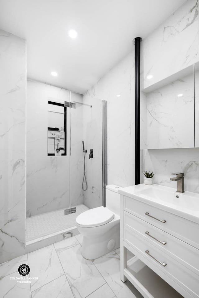 bathroom featuring marble look tiles, toilet, a marble finish shower, vanity, and recessed lighting
