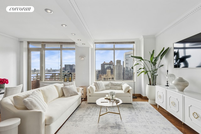 236 E 47th St Unit Ph1A, New York City, NY 10017 - living area featuring plenty of natural light, crown molding, recessed lighting, dark wood finished floors, and floor to ceiling windows