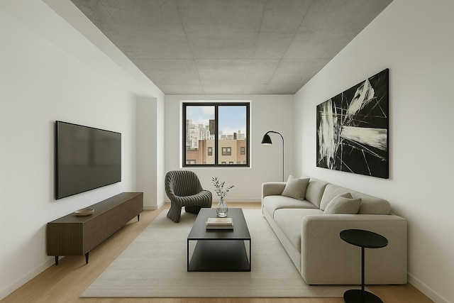 living area with light wood-style flooring and baseboards
