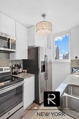 330 E 38th St Unit 48-E, New York City, NY 10016 - kitchen featuring stainless steel appliances, white cabinetry, tasteful backsplash, and light wood-type flooring
