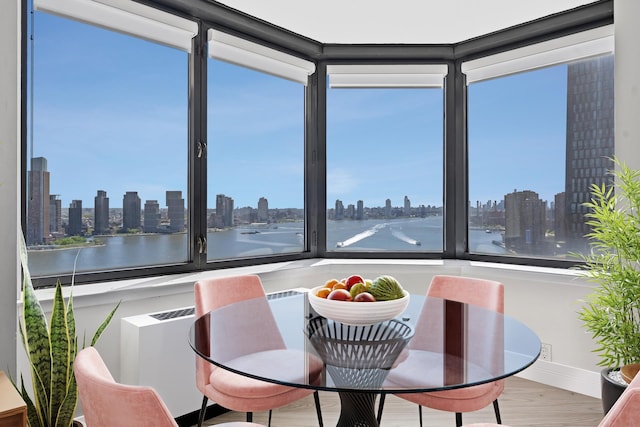 415 E 37th St Unit 31D, New York City, NY 10016 - dining area with a view of skyline, wood finished floors, and baseboards