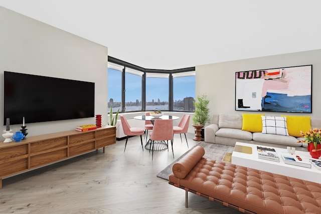 415 E 37th St Unit 31D, New York City, NY 10016 - living room with wood finished floors, a wall of windows, and a view of city