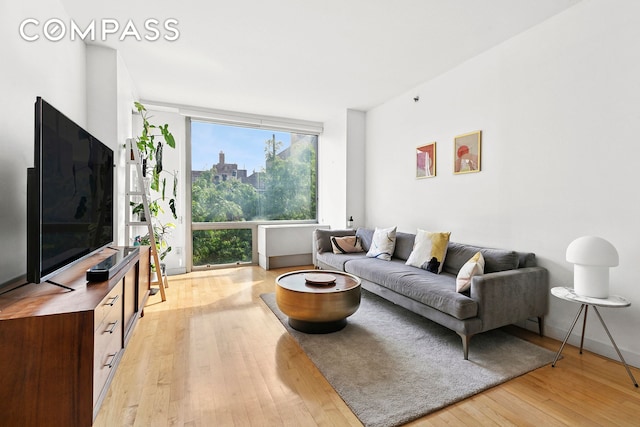 living room with light wood-style floors and expansive windows