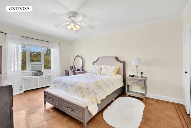 bedroom with radiator heating unit, crown molding, cooling unit, baseboards, and a ceiling fan