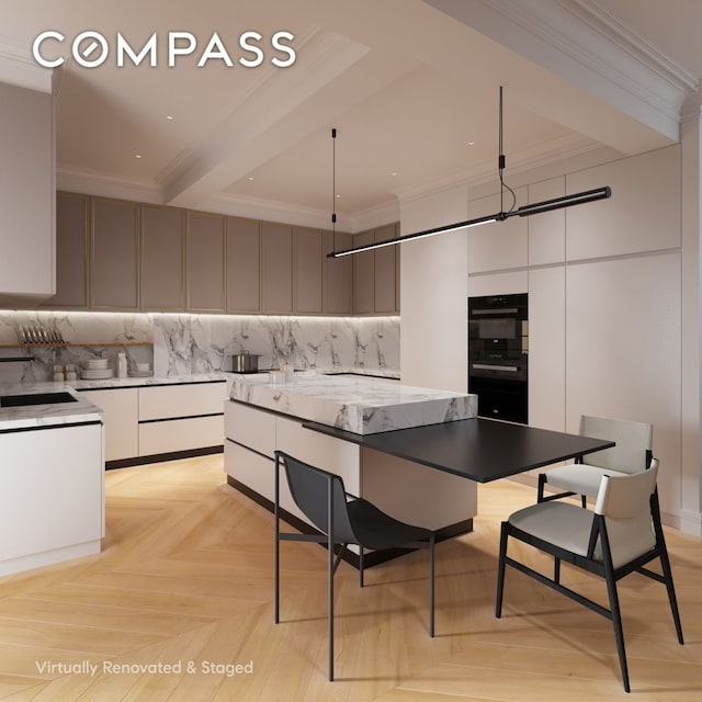 kitchen with decorative backsplash, crown molding, a sink, white cabinetry, and modern cabinets