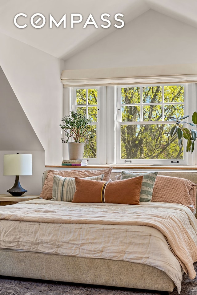 bedroom with lofted ceiling