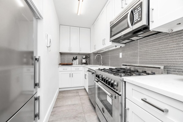 77 W 55th St Unit 2H, New York City, NY 10019 - kitchen featuring appliances with stainless steel finishes, tasteful backsplash, and white cabinets