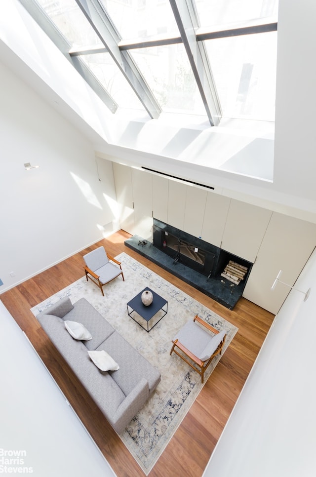251 E 61st St, New York City, NY 10065 - living room featuring a skylight, wood finished floors, and baseboards