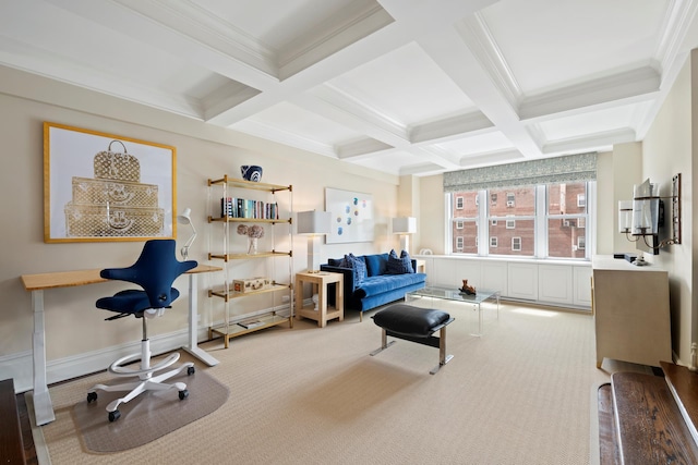 123 E 37th St Unit 11C, New York City, NY 10016 - sitting room with carpet, coffered ceiling, beam ceiling, and crown molding