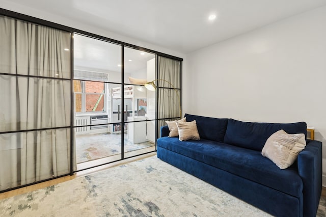 living area featuring wood finished floors and recessed lighting
