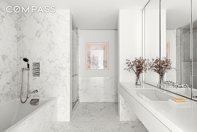 27 Wooster St Ph, Ph, New York City, NY 10013 - full bathroom with a garden tub, vanity, and a marble finish shower