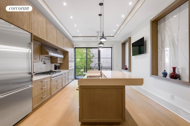 425 Convent Ave, New York City, NY 10031 - kitchen featuring appliances with stainless steel finishes, a sink, wall chimney exhaust hood, a tray ceiling, and tasteful backsplash