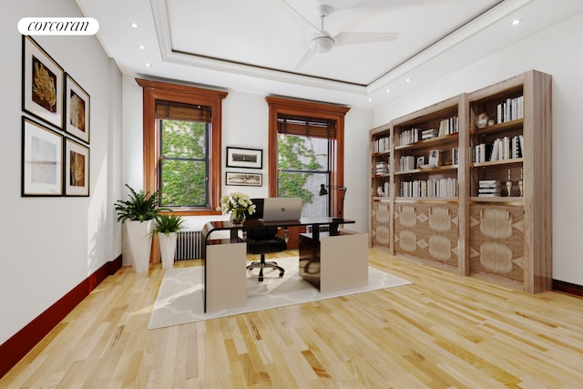 425 Convent Ave, New York City, NY 10031 - office space with wood finished floors, radiator heating unit, ceiling fan, recessed lighting, and a tray ceiling