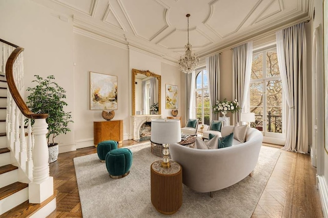 243 E 17th St, New York City, NY 10003 - sitting room with stairway, a chandelier, coffered ceiling, ornamental molding, and baseboards