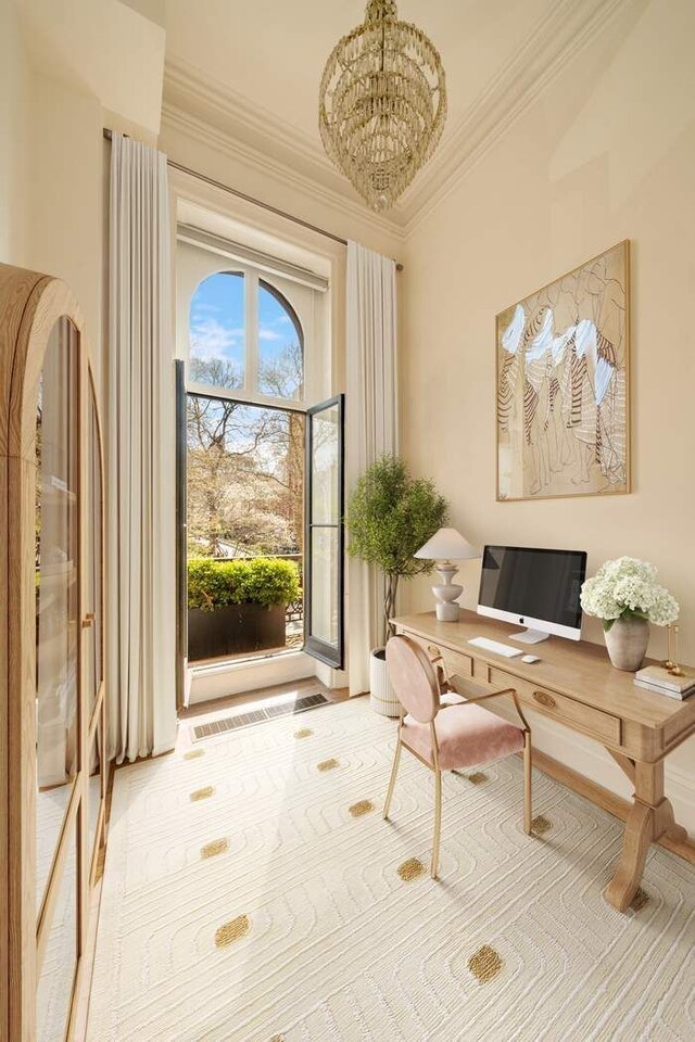 243 E 17th St, New York City, NY 10003 - office area with crown molding and a chandelier