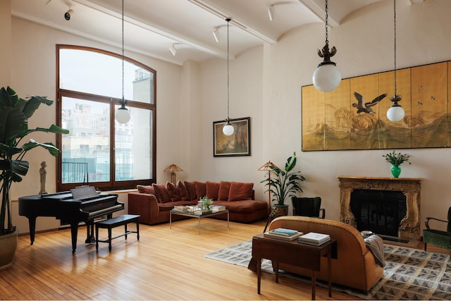 living area featuring wood finished floors, a fireplace, and high vaulted ceiling