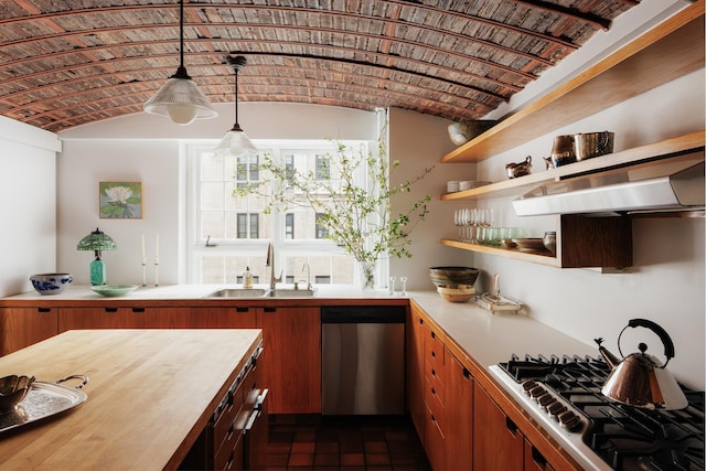 kitchen featuring stainless steel appliances, a sink, butcher block counters, under cabinet range hood, and decorative light fixtures