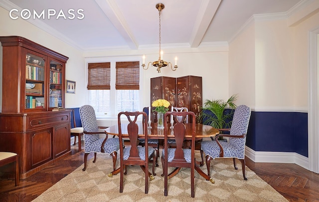 162 E 80th St Unit 5B, New York City, NY 10075 - dining space featuring a chandelier, beam ceiling, and crown molding