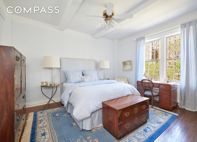 162 E 80th St Unit 5B, New York City, NY 10075 - bedroom featuring beam ceiling, wood-type flooring, and a ceiling fan