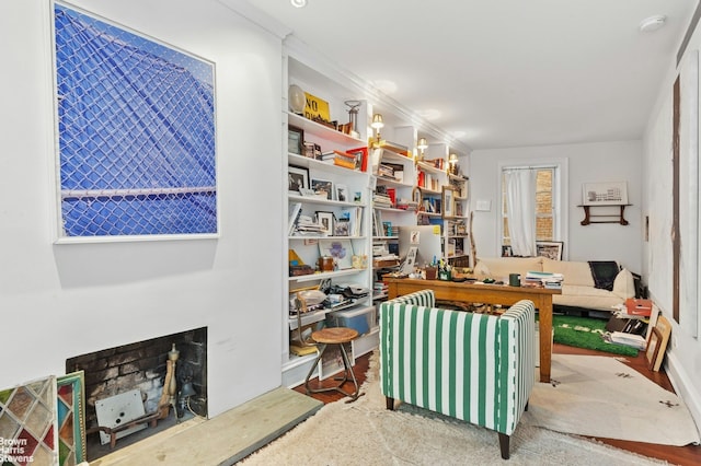 home office featuring a wood stove