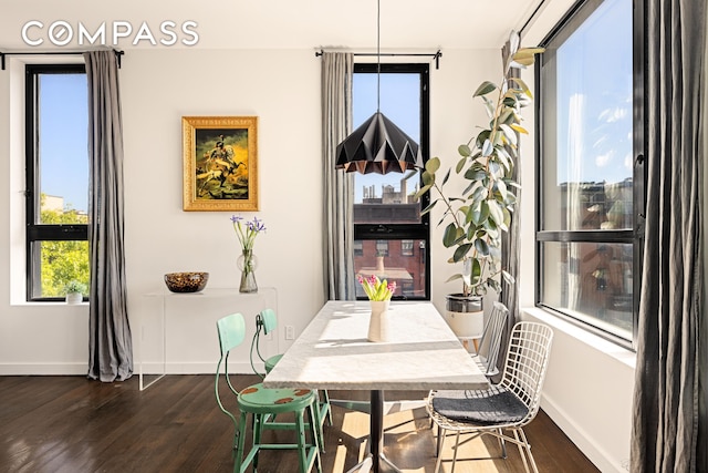 dining room featuring dark wood-style flooring and baseboards