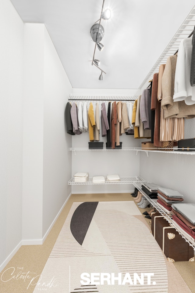 walk in closet featuring light carpet