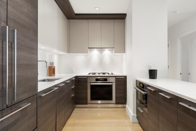 kitchen featuring appliances with stainless steel finishes, a sink, light wood-style floors, dark brown cabinetry, and modern cabinets