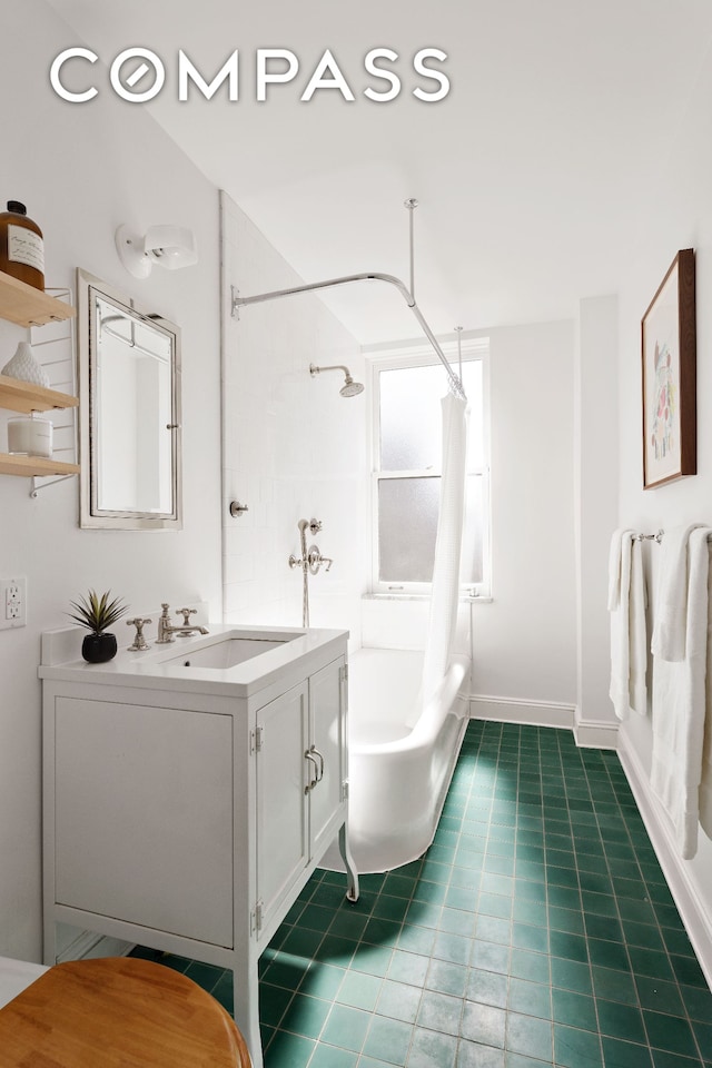 250 W 94th St Unit 11A, New York City, NY 10025 - full bathroom featuring shower / bathtub combination with curtain, vanity, and tile patterned flooring