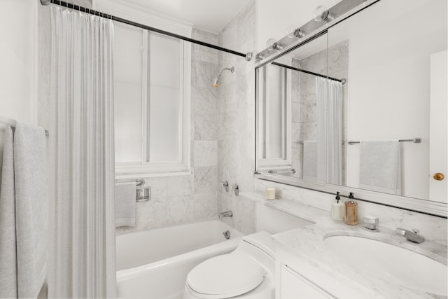 bathroom with shower / bath combination with curtain, vanity, and toilet