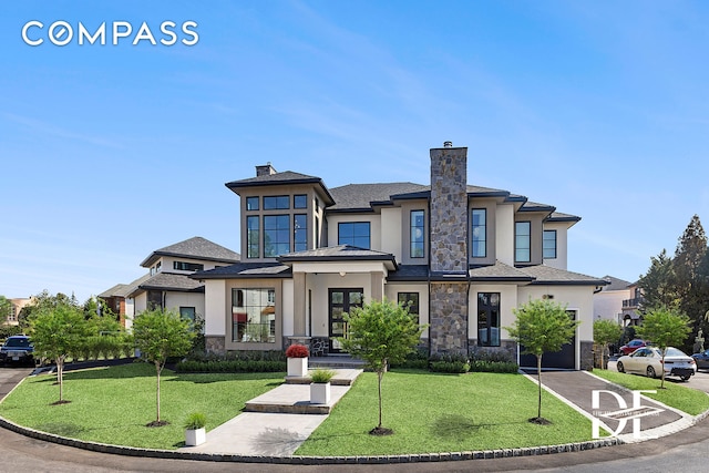 52 Nicolosi Loop, New York City, NY 10312 - prairie-style house featuring stucco siding, stone siding, a chimney, and a front lawn