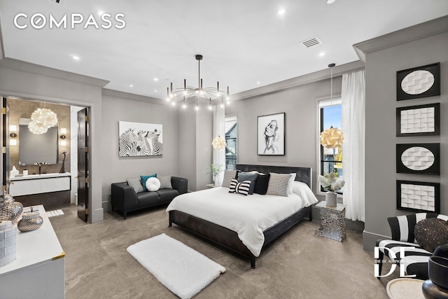 52 Nicolosi Loop, New York City, NY 10312 - bedroom with recessed lighting, multiple windows, a chandelier, crown molding, and concrete flooring