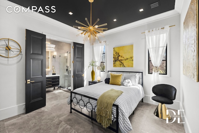 bedroom with a chandelier, baseboards, and crown molding