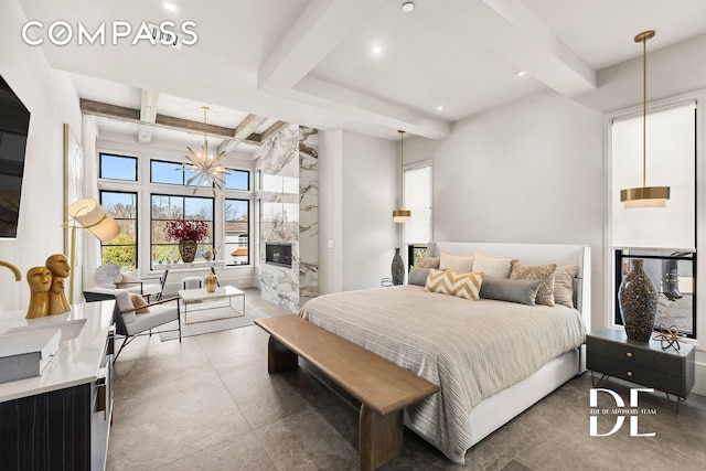 bedroom with beamed ceiling, a chandelier, coffered ceiling, recessed lighting, and concrete floors