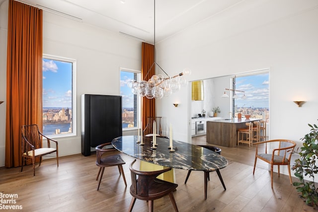 dining room featuring light wood-style floors, plenty of natural light, and a high ceiling
