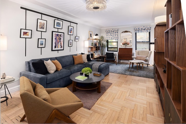 living area featuring crown molding