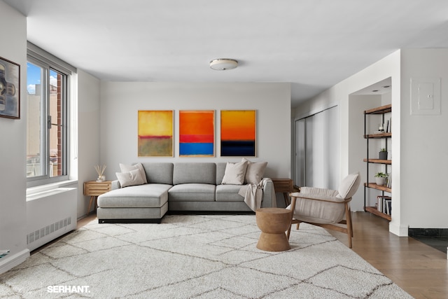 270 W 17th St Unit 12Bc, New York City, NY 10011 - living room with radiator, wood finished floors, and baseboards