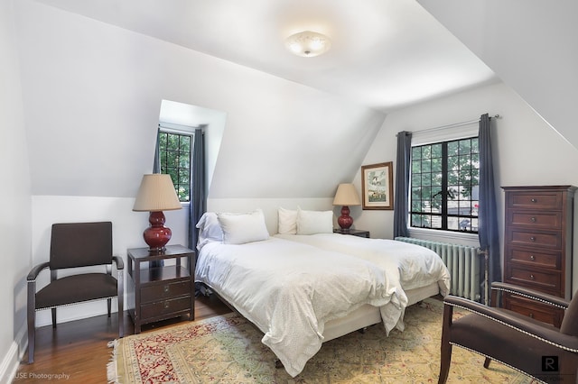4500 Fieldston Rd, New York City, NY 10471 - bedroom with multiple windows, wood finished floors, lofted ceiling, radiator heating unit, and baseboards